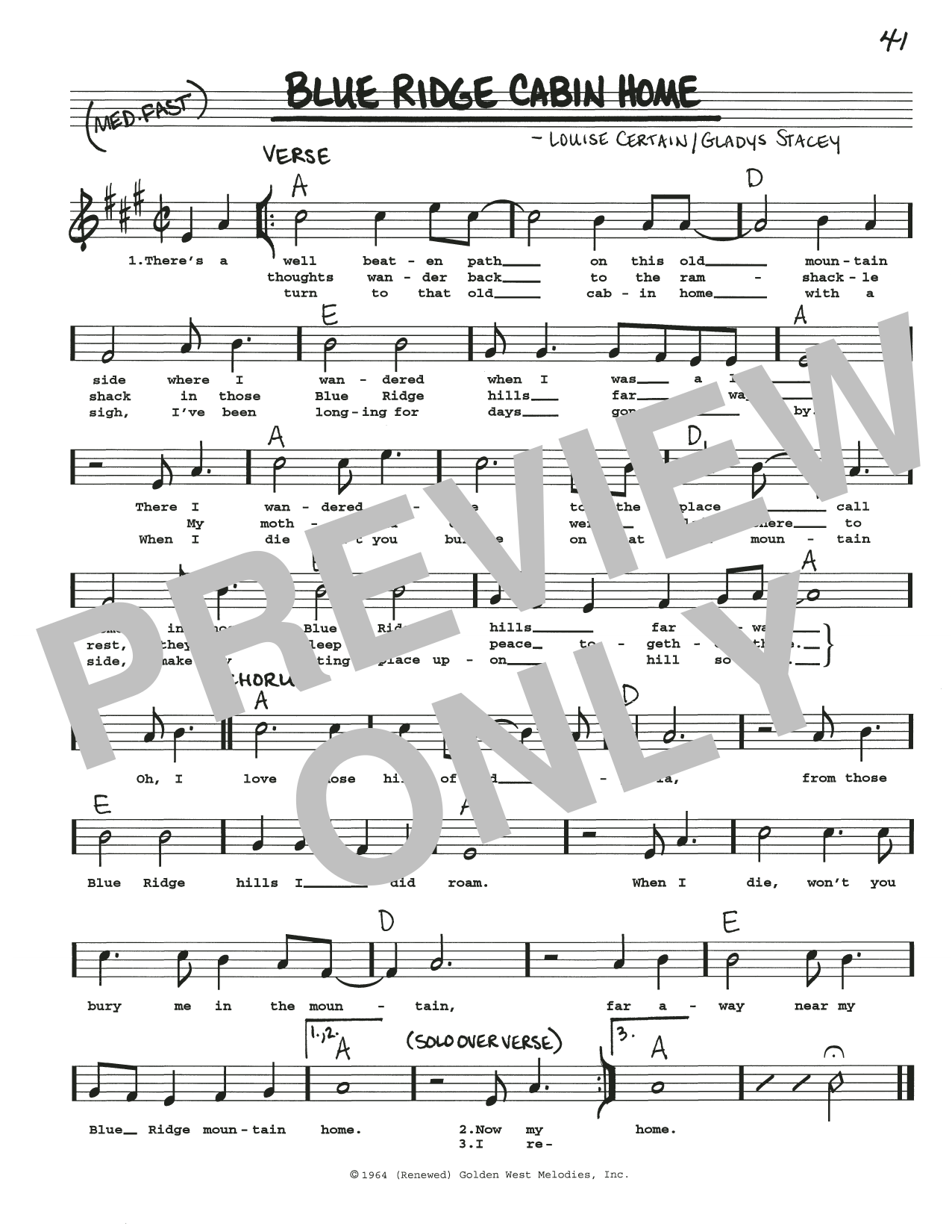 Gladys Stacey Blue Ridge Cabin Home sheet music notes and chords arranged for Real Book – Melody, Lyrics & Chords