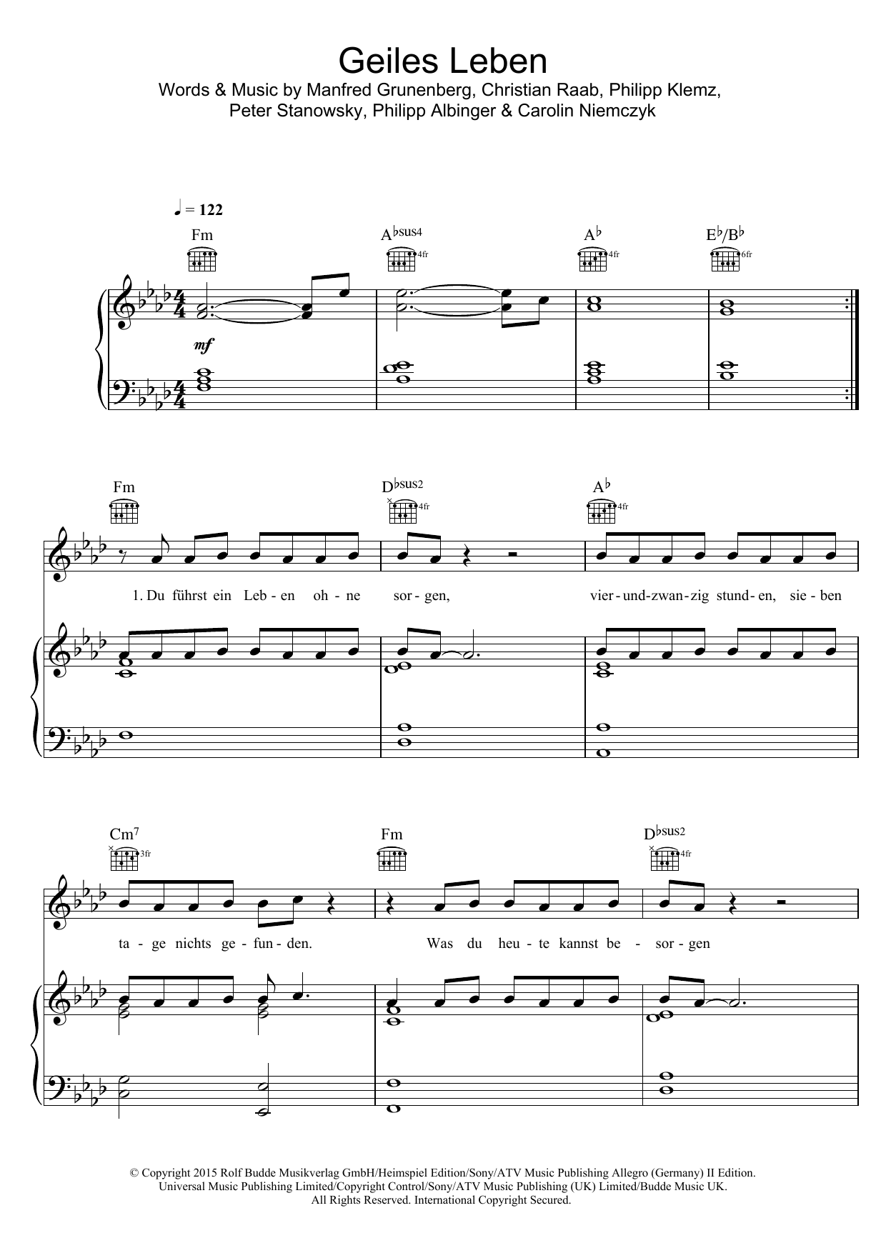 Glasperlenspiel Geiles Leben sheet music notes and chords arranged for Piano, Vocal & Guitar Chords