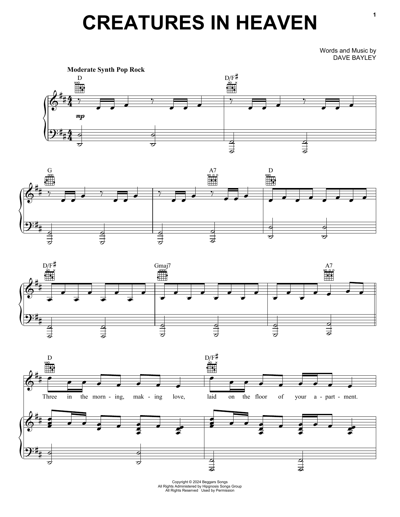 Glass Animals Creatures In Heaven sheet music notes and chords arranged for Piano, Vocal & Guitar Chords (Right-Hand Melody)