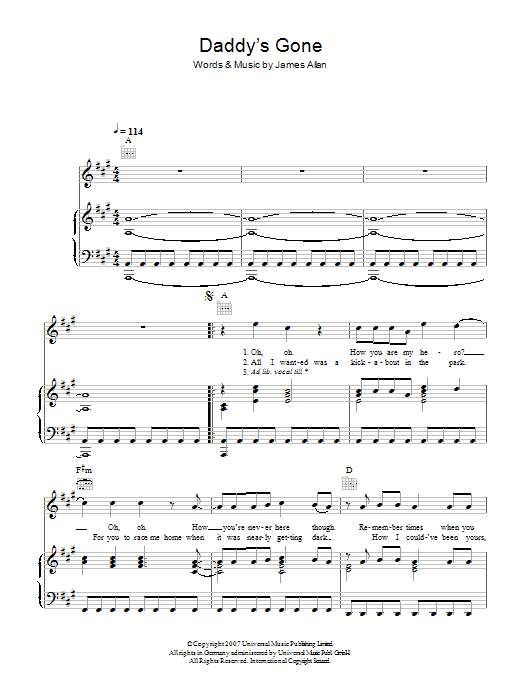 Glasvegas Daddy's Gone sheet music notes and chords arranged for Piano, Vocal & Guitar Chords