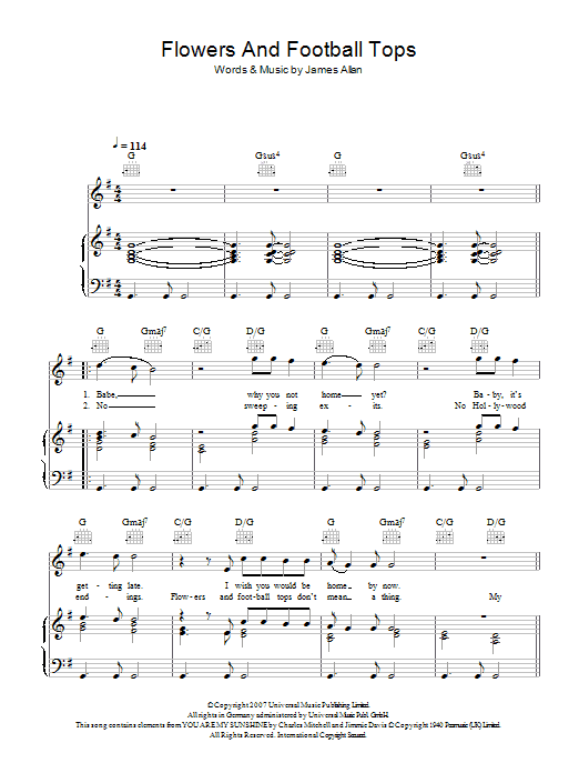 Glasvegas Flowers And Football Tops sheet music notes and chords arranged for Piano, Vocal & Guitar Chords
