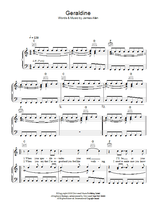 Glasvegas Geraldine sheet music notes and chords arranged for Piano, Vocal & Guitar Chords