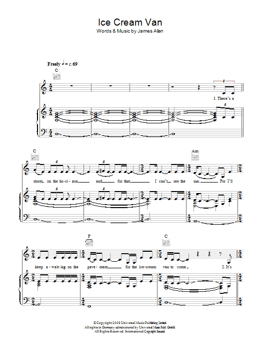Glasvegas Ice Cream Van sheet music notes and chords arranged for Piano, Vocal & Guitar Chords
