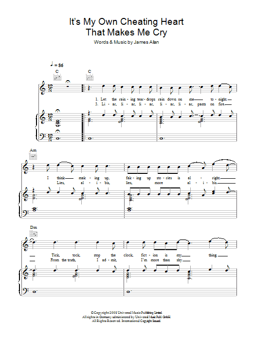 Glasvegas It's My Own Cheating Heart That Makes Me Cry sheet music notes and chords arranged for Piano, Vocal & Guitar Chords