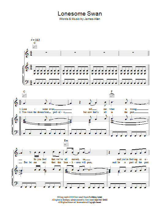Glasvegas Lonesome Swan sheet music notes and chords arranged for Piano, Vocal & Guitar Chords