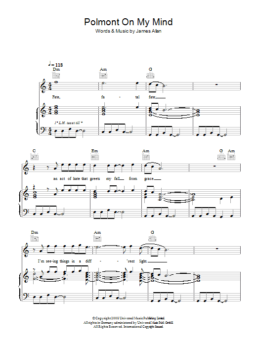 Glasvegas Polmont On My Mind sheet music notes and chords arranged for Piano, Vocal & Guitar Chords