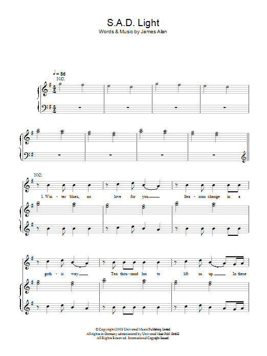 Glasvegas SAD Light sheet music notes and chords arranged for Piano, Vocal & Guitar Chords