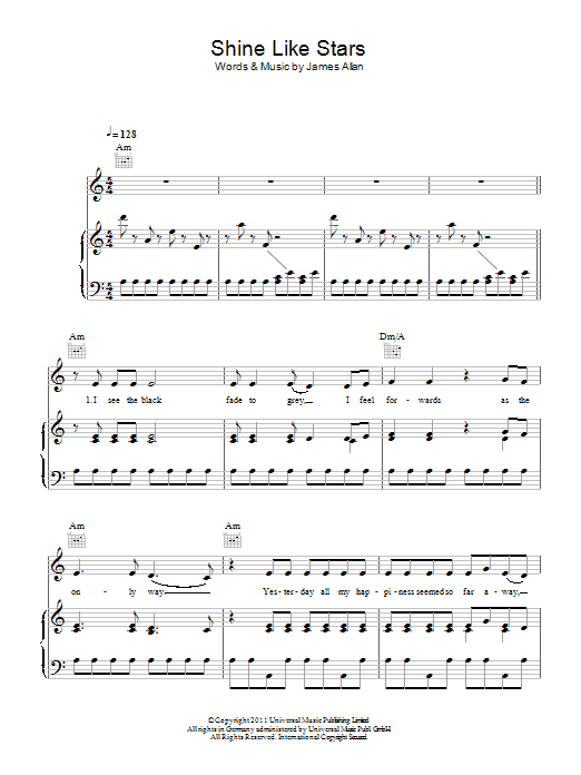 Glasvegas Shine Like Stars sheet music notes and chords arranged for Piano, Vocal & Guitar Chords