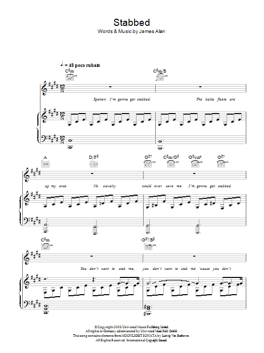 Glasvegas Stabbed sheet music notes and chords arranged for Piano, Vocal & Guitar Chords