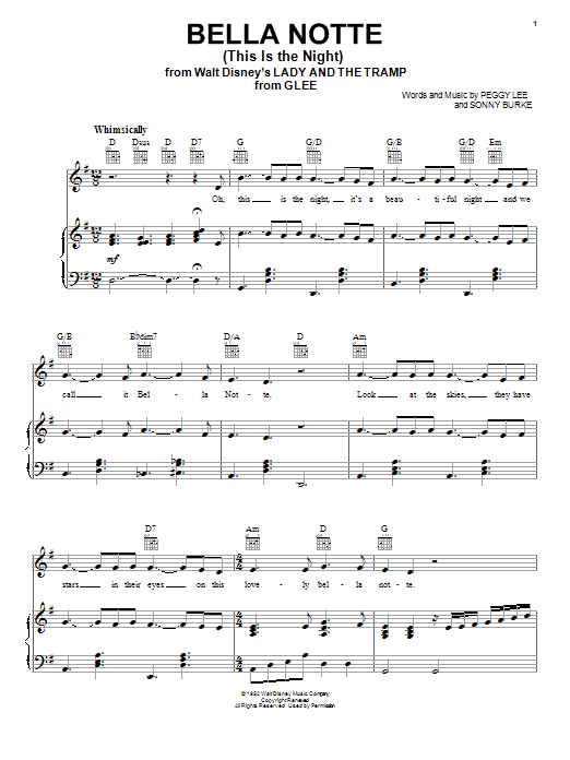 Glee Cast Bella Notte (This Is The Night) (from Lady And The Tramp) sheet music notes and chords arranged for Piano, Vocal & Guitar Chords (Right-Hand Melody)