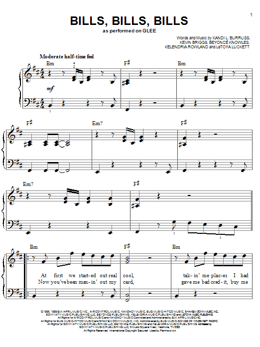 Glee Cast Bills, Bills, Bills sheet music notes and chords arranged for Easy Piano