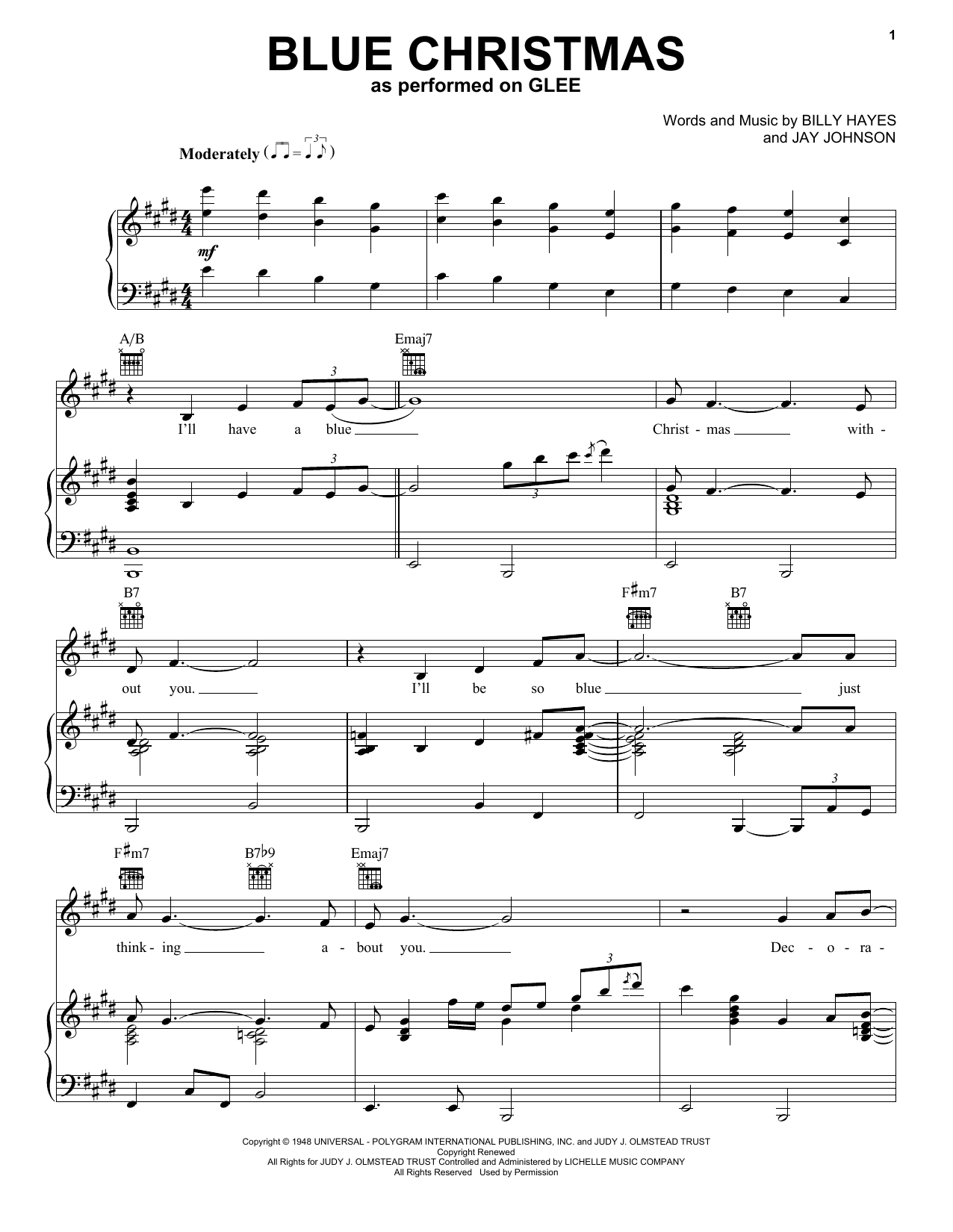Glee Cast Blue Christmas sheet music notes and chords arranged for Piano, Vocal & Guitar Chords (Right-Hand Melody)