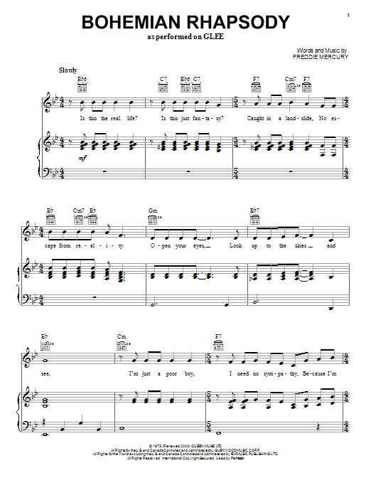 Glee Cast Bohemian Rhapsody sheet music notes and chords arranged for Piano, Vocal & Guitar Chords (Right-Hand Melody)