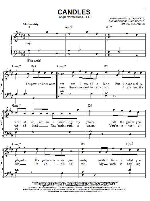 Glee Cast Candles sheet music notes and chords arranged for Piano, Vocal & Guitar Chords (Right-Hand Melody)