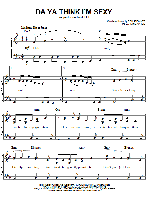 Glee Cast Da Ya Think I'm Sexy sheet music notes and chords arranged for Easy Piano