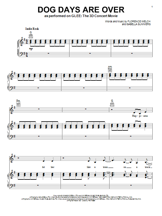 Glee Cast Dog Days Are Over sheet music notes and chords arranged for Piano, Vocal & Guitar Chords (Right-Hand Melody)