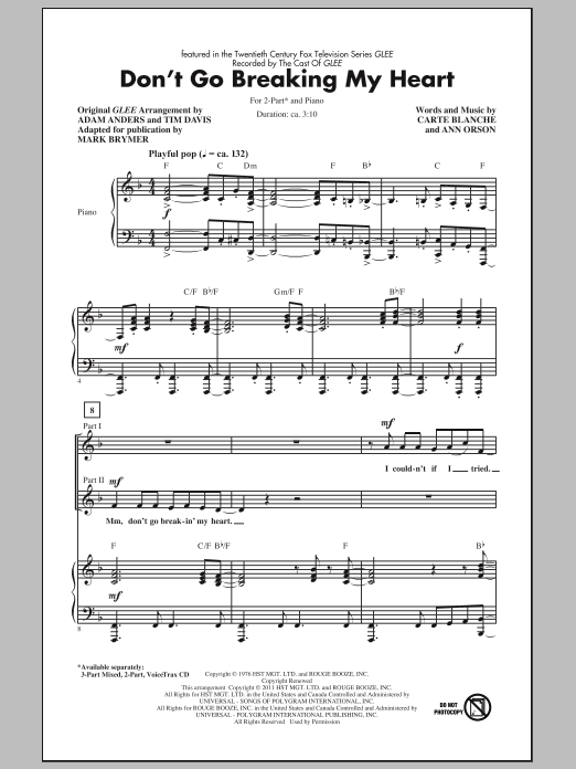 Glee Cast Don't Go Breaking My Heart (arr. Mark Brymer) sheet music notes and chords arranged for 3-Part Mixed Choir