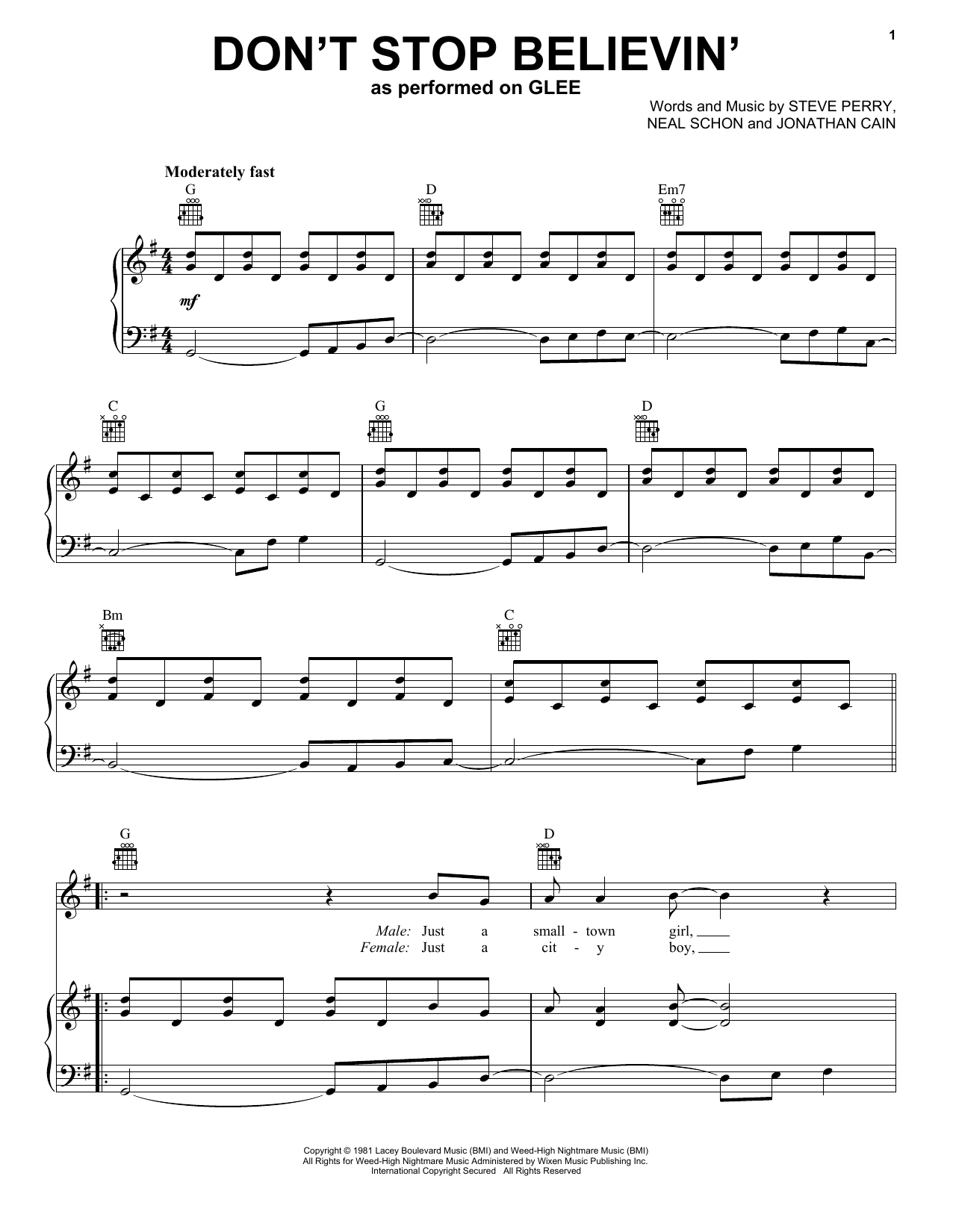 Glee Cast Don't Stop Believin' sheet music notes and chords arranged for Pro Vocal
