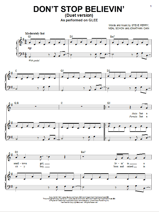 Glee Cast Don't Stop Believin' (Vocal Duet) sheet music notes and chords arranged for Piano & Vocal