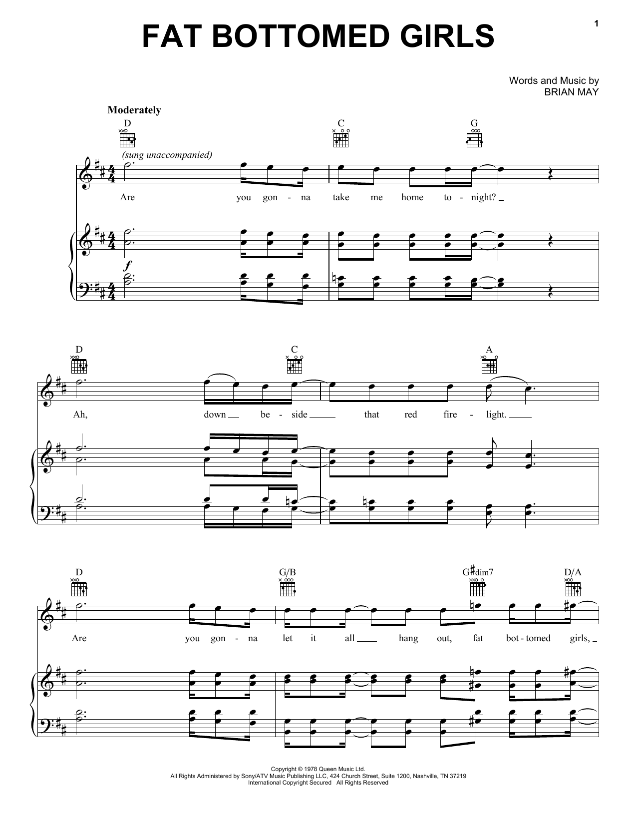 Glee Cast Fat Bottomed Girls sheet music notes and chords arranged for Piano, Vocal & Guitar Chords (Right-Hand Melody)