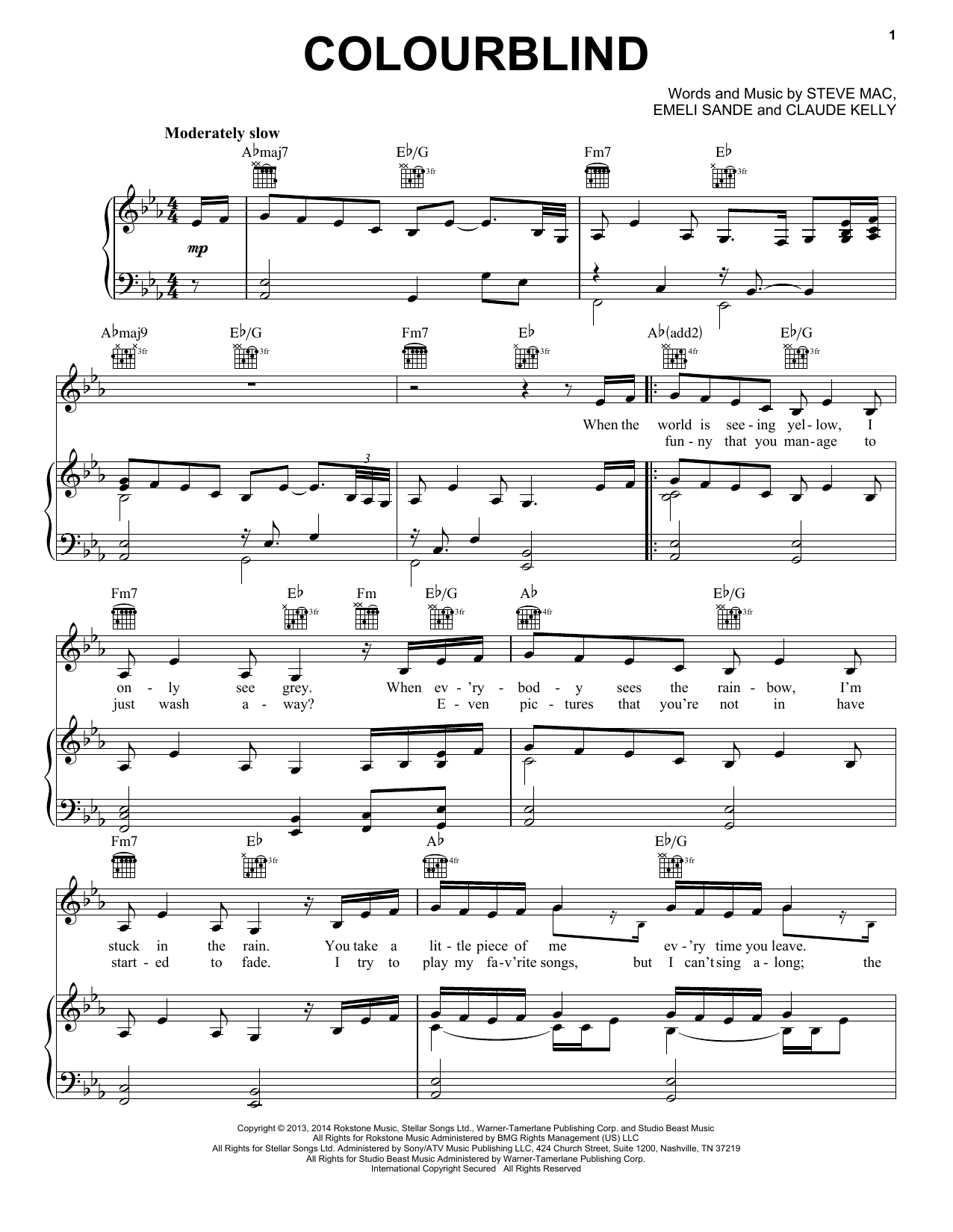 Glee Cast featuring Amber Riley Colourblind sheet music notes and chords arranged for Piano, Vocal & Guitar Chords (Right-Hand Melody)