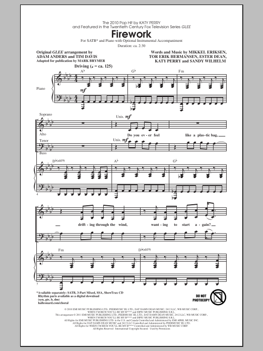 Glee Cast Firework (adapted by Mark Brymer) sheet music notes and chords arranged for SATB Choir