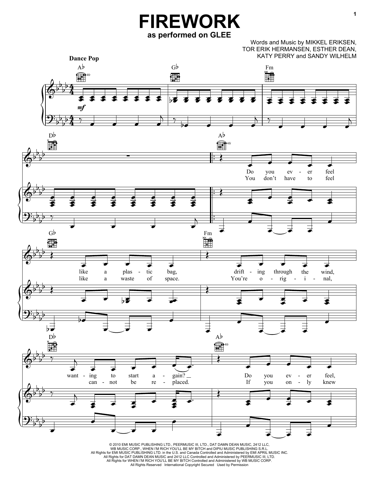 Glee Cast Firework sheet music notes and chords arranged for Easy Piano