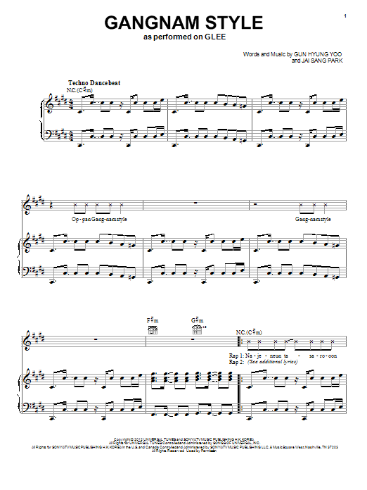 Glee Cast Gangnam Style sheet music notes and chords arranged for Piano, Vocal & Guitar Chords (Right-Hand Melody)