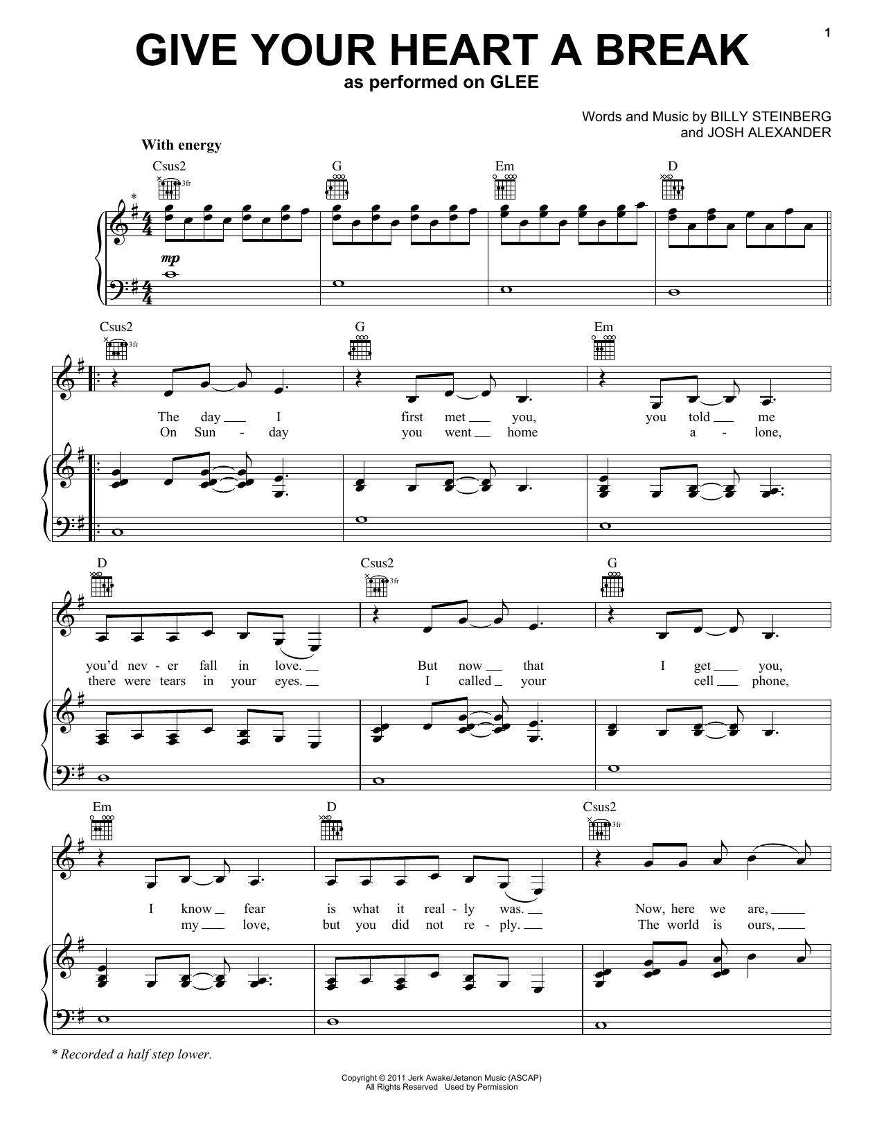 Glee Cast Give Your Heart A Break sheet music notes and chords arranged for Piano, Vocal & Guitar Chords (Right-Hand Melody)