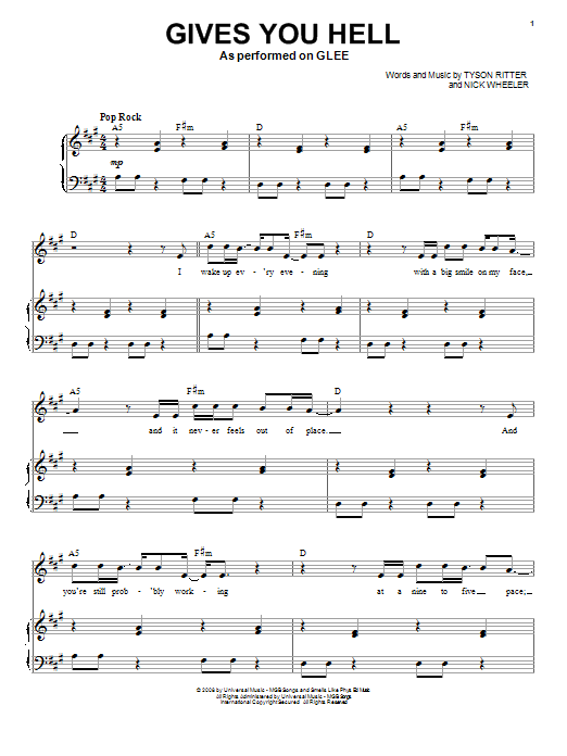 Glee Cast Gives You Hell sheet music notes and chords arranged for Piano, Vocal & Guitar Chords