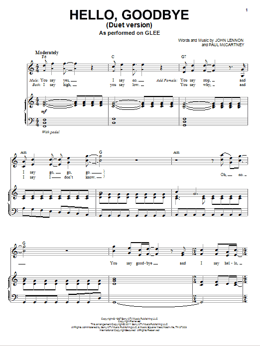 Glee Cast Hello, Goodbye (Vocal Duet) sheet music notes and chords arranged for Piano & Vocal