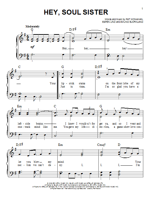 Glee Cast Hey, Soul Sister sheet music notes and chords arranged for Piano, Vocal & Guitar Chords (Right-Hand Melody)