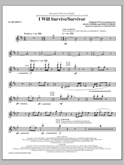 Glee Cast I Will Survive/Survivor (arr. Mark Brymer) - Bb Trumpet 1 sheet music notes and chords arranged for Choir Instrumental Pak