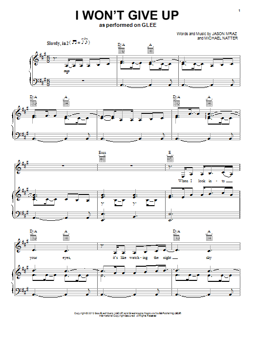 Glee Cast I Won't Give Up sheet music notes and chords arranged for Piano, Vocal & Guitar Chords (Right-Hand Melody)