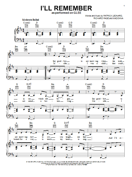 Glee Cast I'll Remember sheet music notes and chords arranged for Piano, Vocal & Guitar Chords (Right-Hand Melody)