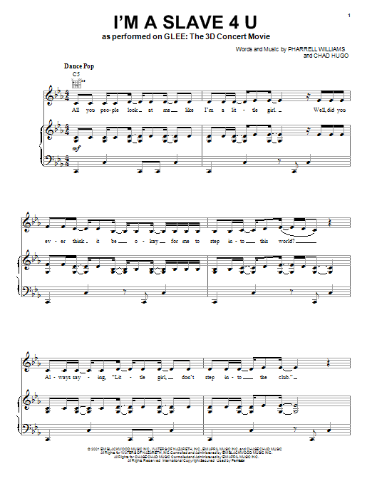 Glee Cast I'm A Slave 4 U sheet music notes and chords arranged for Piano, Vocal & Guitar Chords (Right-Hand Melody)
