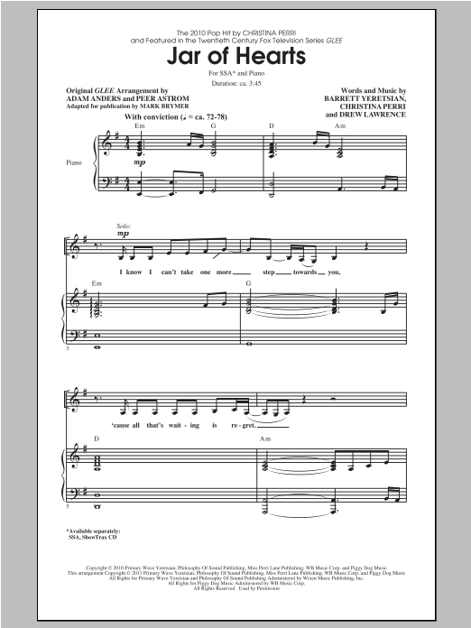 Glee Cast Jar Of Hearts (adapted by Mark Brymer) sheet music notes and chords arranged for SSA Choir