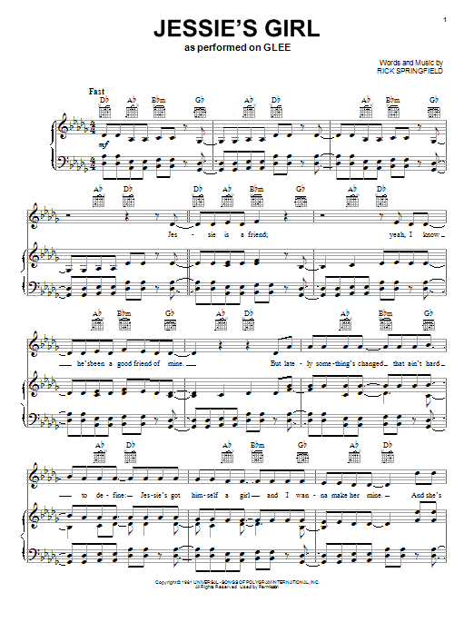 Glee Cast Jessie's Girl sheet music notes and chords arranged for Piano, Vocal & Guitar Chords