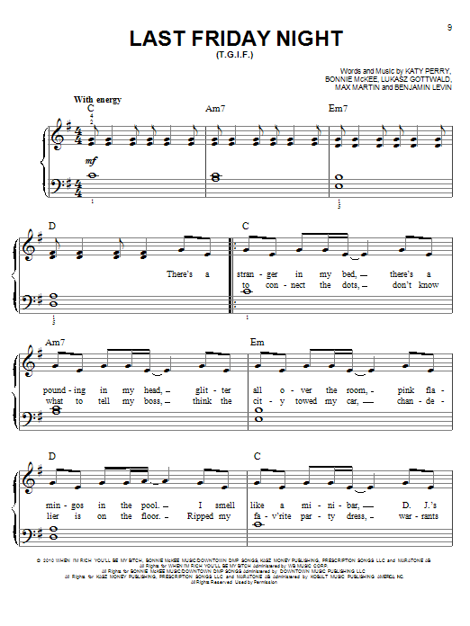 Glee Cast Last Friday Night (T.G.I.F.) sheet music notes and chords arranged for Piano, Vocal & Guitar Chords (Right-Hand Melody)