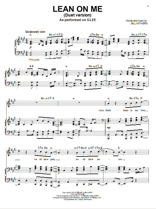Glee Cast Lean On Me (Vocal Duet) sheet music notes and chords arranged for Piano & Vocal