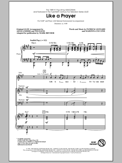 Mark Brymer Like A Prayer sheet music notes and chords arranged for SAB Choir