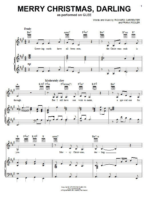 Glee Cast Merry Christmas, Darling sheet music notes and chords arranged for Piano, Vocal & Guitar Chords (Right-Hand Melody)