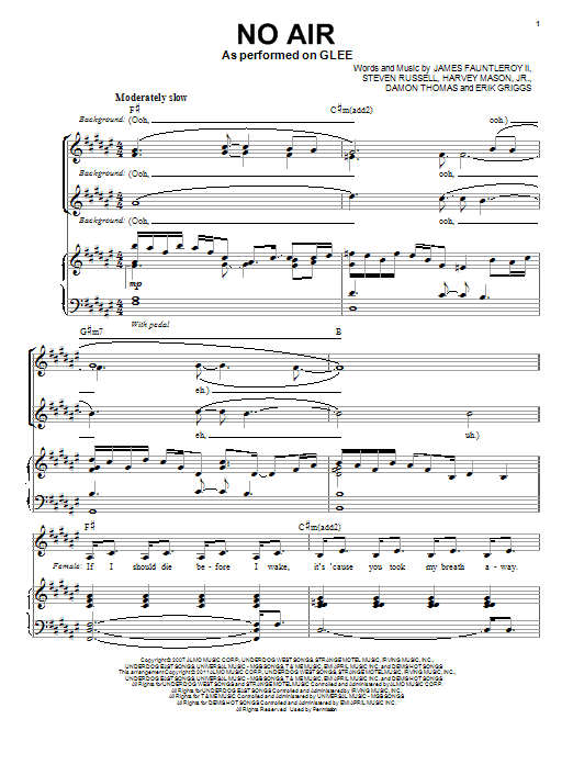 Glee Cast No Air (Vocal Duet) sheet music notes and chords arranged for Piano & Vocal
