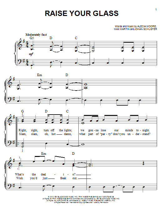 Glee Cast Raise Your Glass sheet music notes and chords arranged for Piano, Vocal & Guitar Chords (Right-Hand Melody)