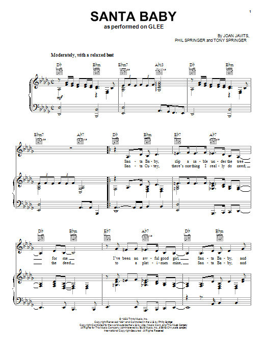 Glee Cast Santa Baby sheet music notes and chords arranged for Piano, Vocal & Guitar Chords (Right-Hand Melody)
