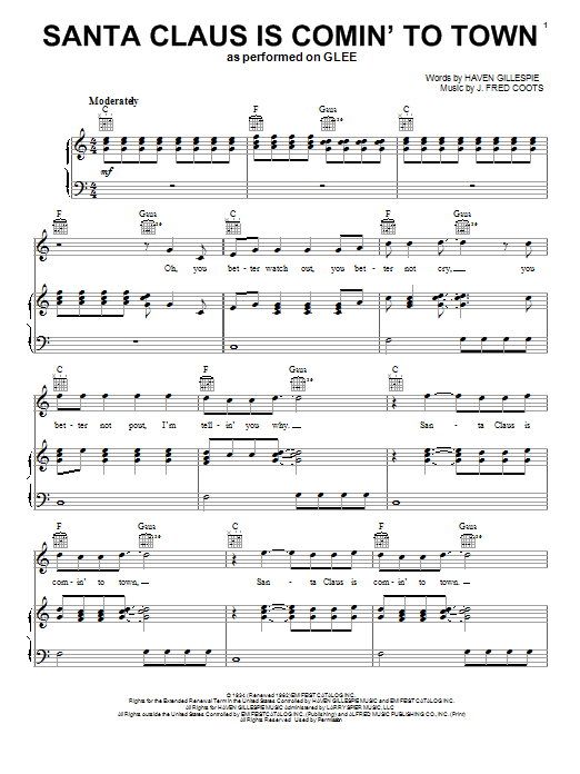 Glee Cast Santa Claus Is Comin' To Town sheet music notes and chords arranged for Piano, Vocal & Guitar Chords (Right-Hand Melody)