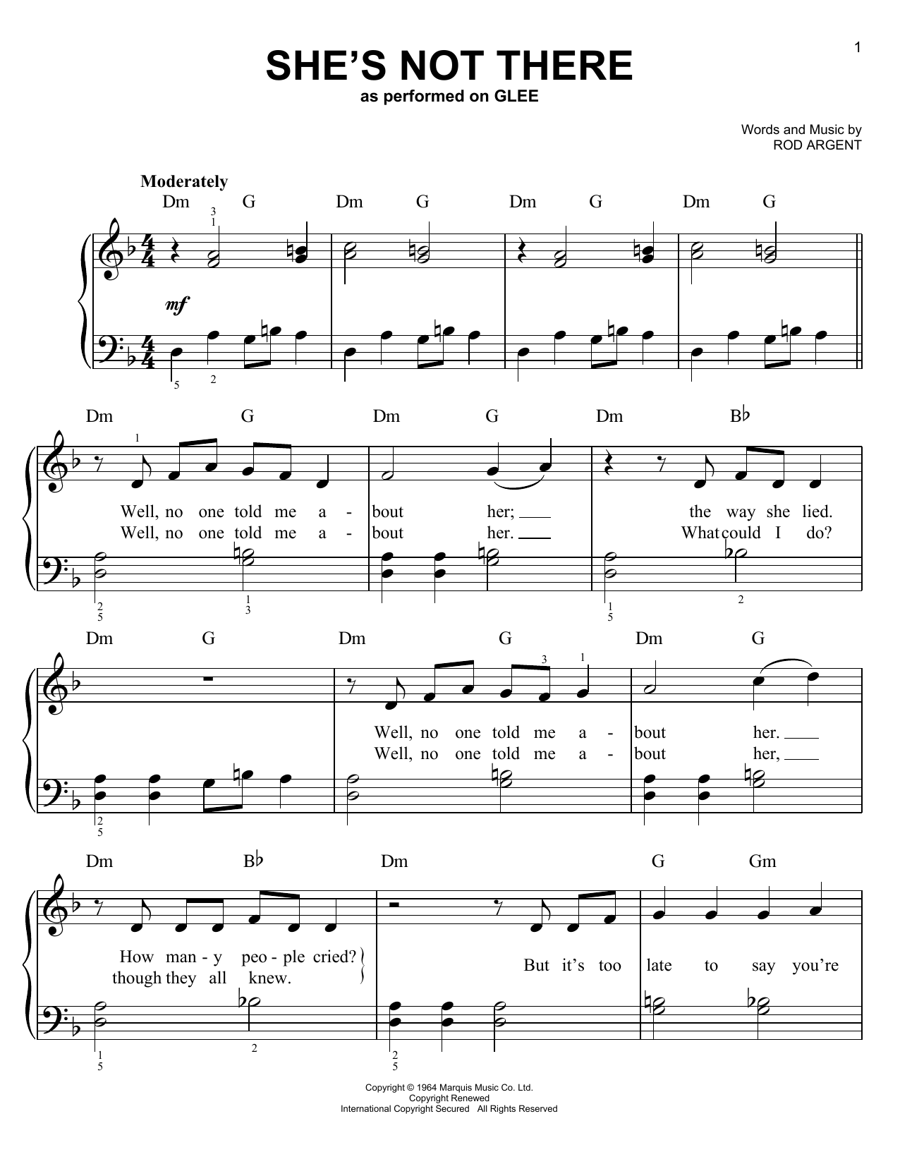 Glee Cast She's Not There sheet music notes and chords arranged for Piano, Vocal & Guitar Chords (Right-Hand Melody)