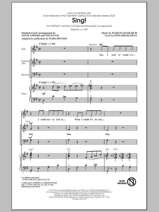 Mark Brymer Sing! sheet music notes and chords arranged for SAB Choir