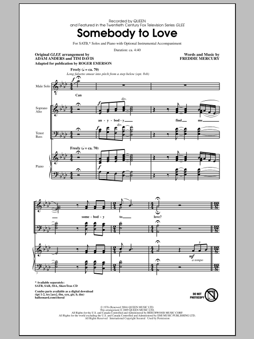 Glee Cast Somebody To Love (arr. Roger Emerson) sheet music notes and chords arranged for SAB Choir