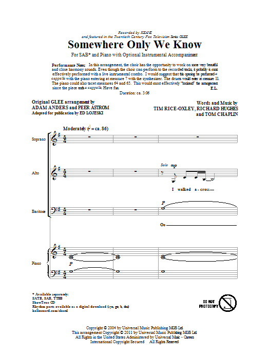 Glee Cast Somewhere Only We Know (arr. Ed Lojeski) sheet music notes and chords arranged for SAB Choir